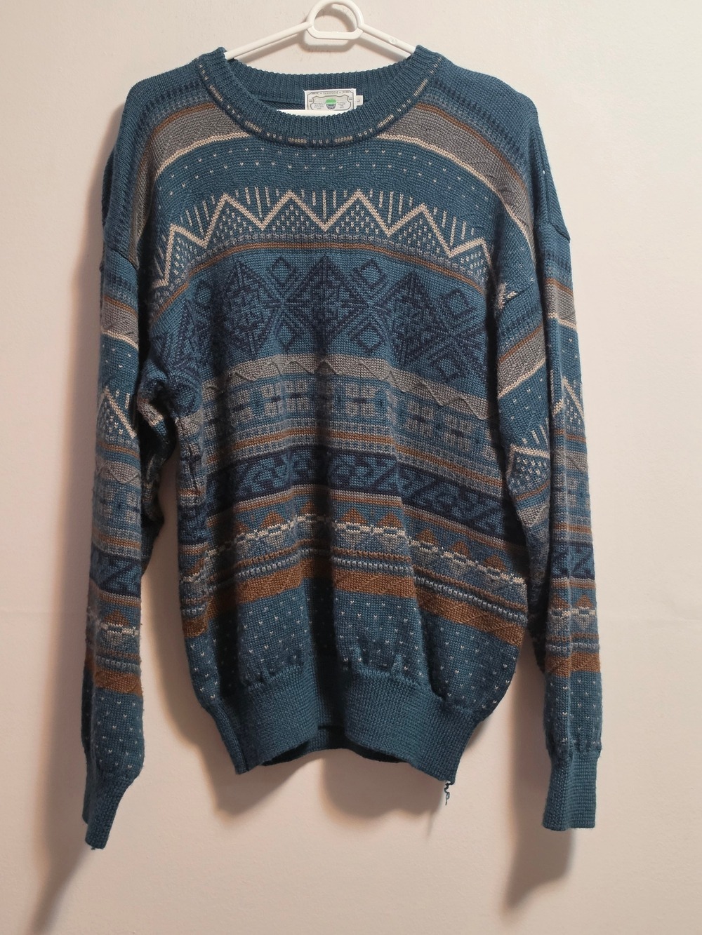 Vintage Men's Teal Patterned Crewneck Sweater - Classic Knit